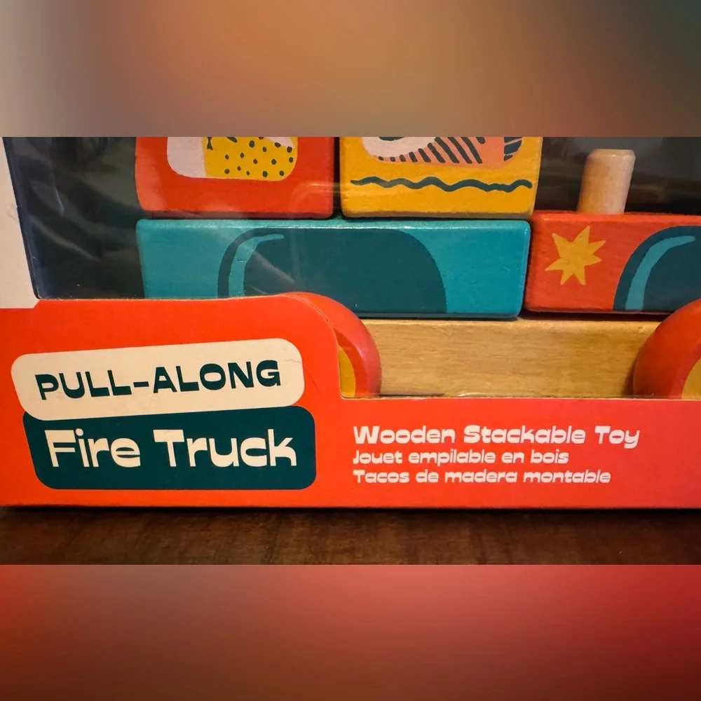 NWT Wooden Pull Along Fire Truck w/ Colorful Wooden Stackable Pieces / Camp Toys